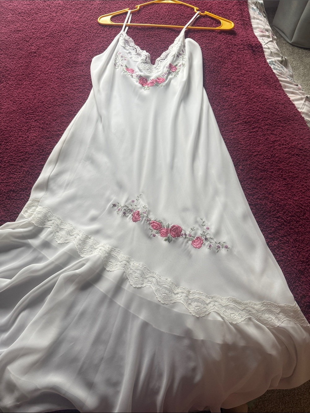 Vintage White Floral Lace-Trim Slip Dress with Pink Rose Embroidery size M - Picture 8 of 13